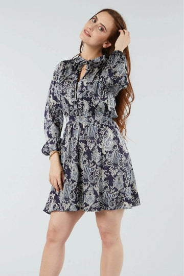 Navy Paisley Print Pussybow Dress Double Second